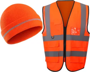 2 Pieces Orange Hunting Vest High Visibility Safety Clothes, Hunt Vest with Zipper and Pocket Construction Clothing with Reflective Stripes and Hunting Hat Knit Beanie Cap for Men Women