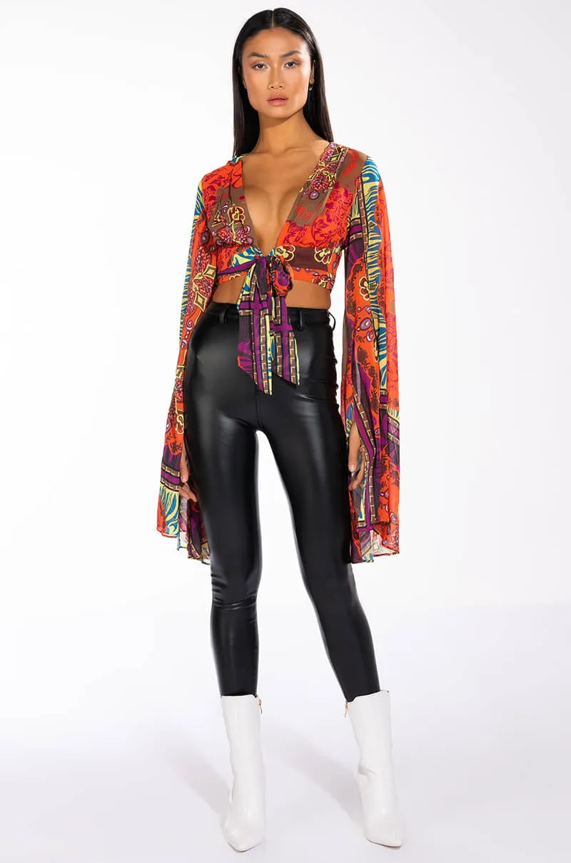 ANYWHERE I GO CROPPED TIE FRONT CHIFFON BLOUSE