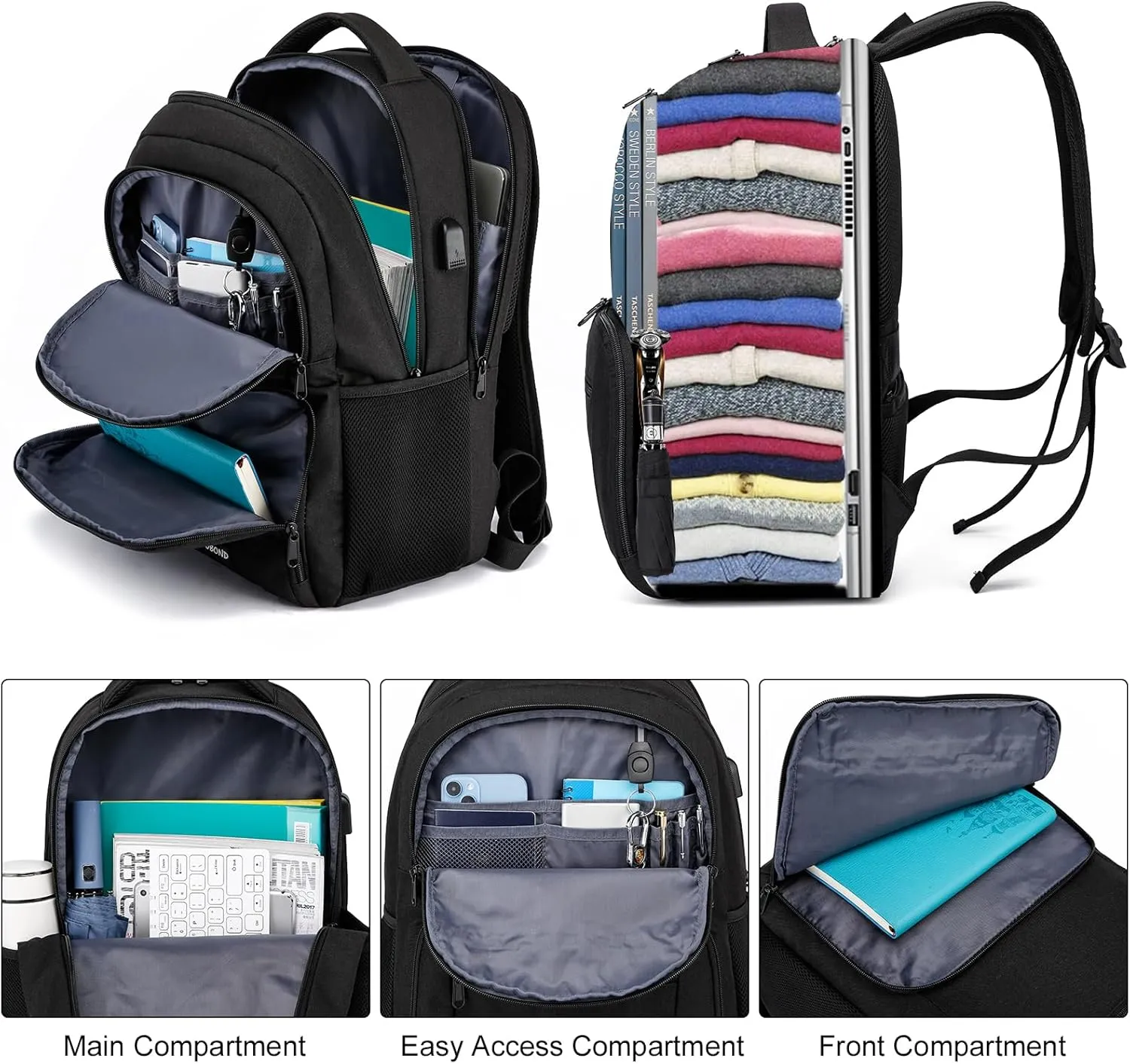 Backpack for Men and Women, Backpack for School Teen Boys, Business Travel Water Resistant Sturdy 17.3 Inch Laptops Back Pack with USB Charging Port, College School Computer Bag Gift