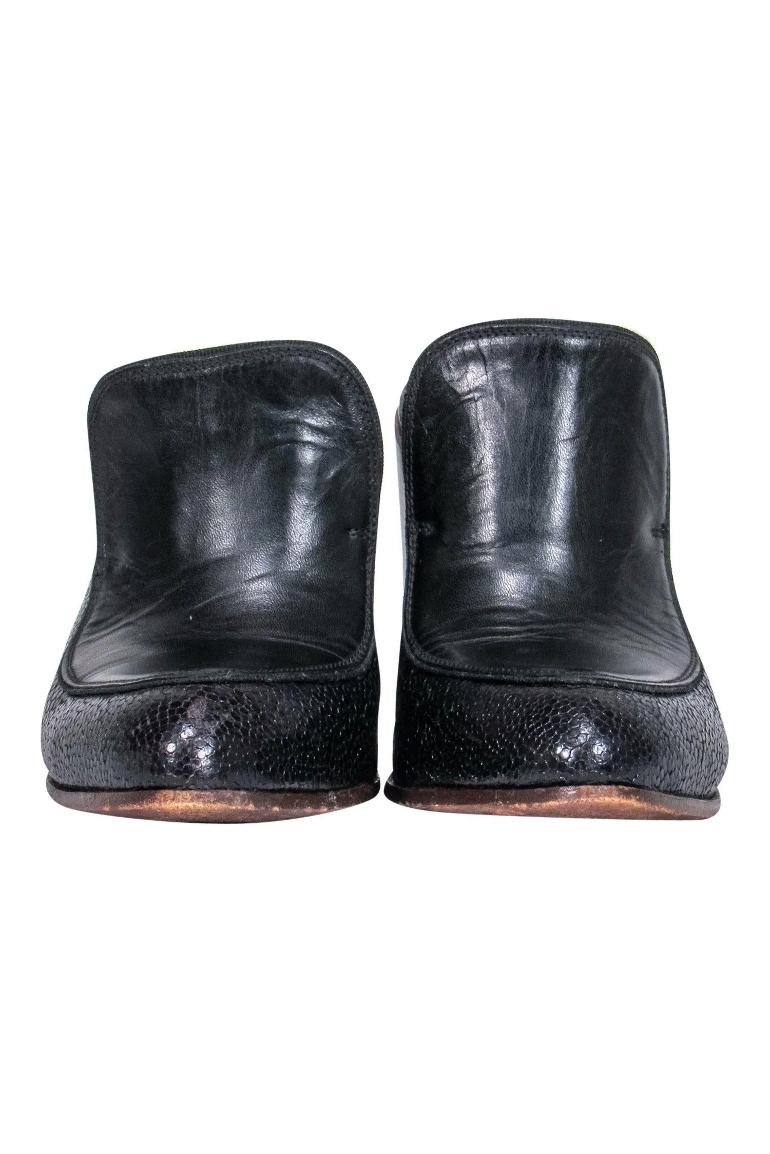 Billy Reid - Black Embossed Mule Pumps w/ Wooden Heel Sz 6.5