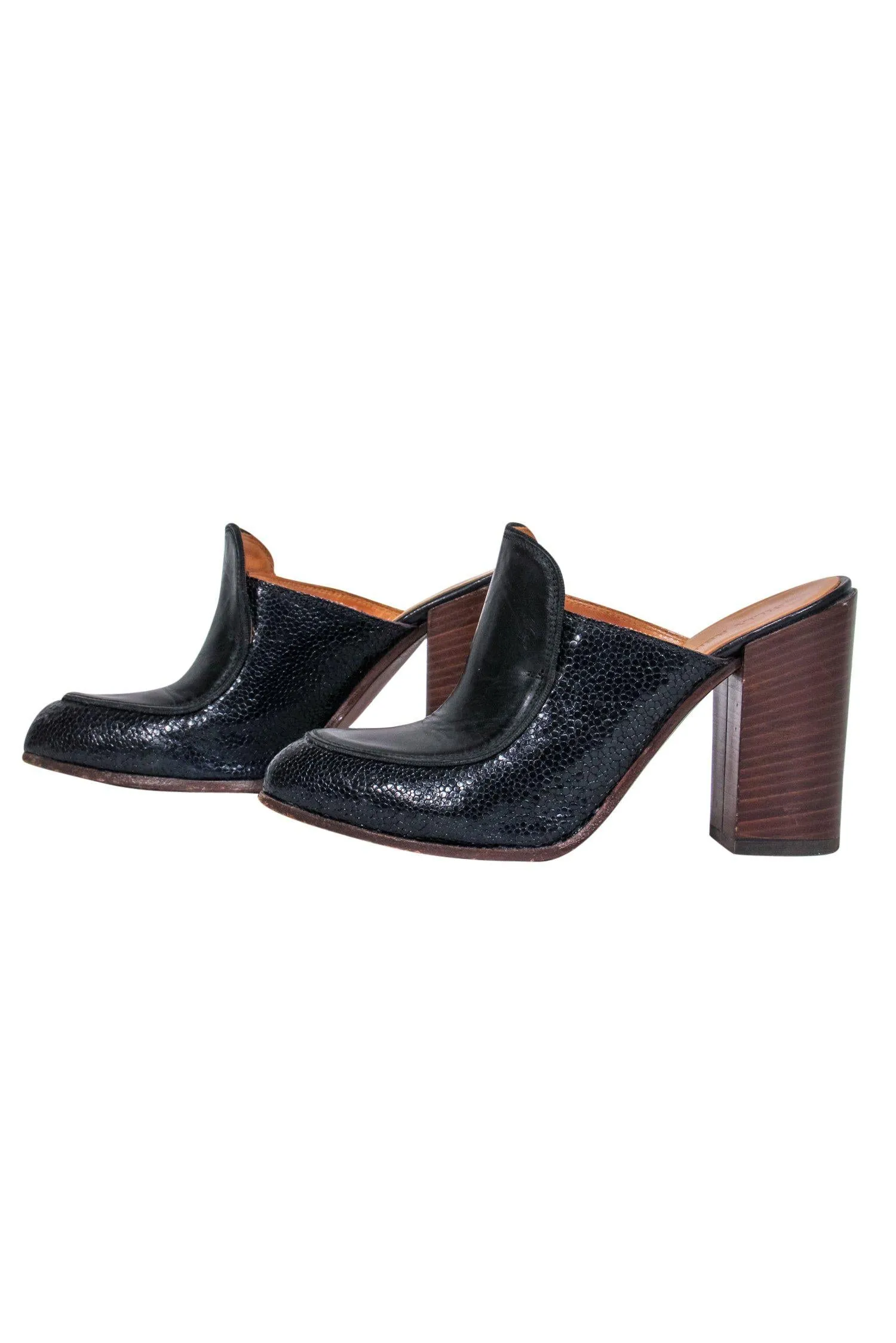 Billy Reid - Black Embossed Mule Pumps w/ Wooden Heel Sz 6.5