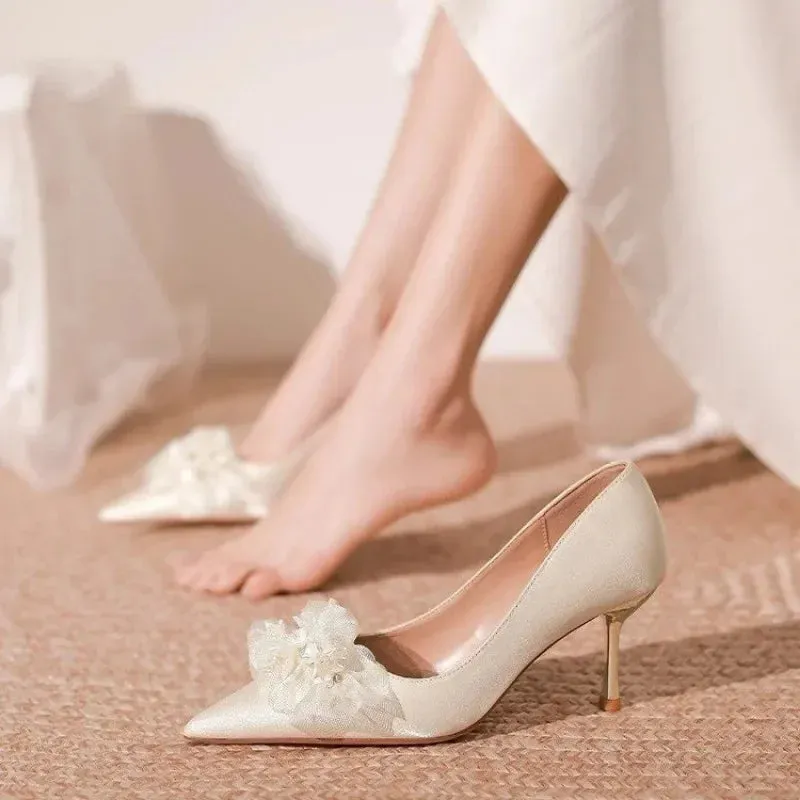 binfenxie  -  Sharp Pointed Thin Heeled Women Pumps Fashion High Heels Satin Silk Dress Pumps Lady Wedding Bridal Scarpin Catwalk Shoes