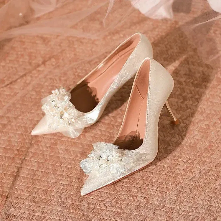 binfenxie  -  Sharp Pointed Thin Heeled Women Pumps Fashion High Heels Satin Silk Dress Pumps Lady Wedding Bridal Scarpin Catwalk Shoes