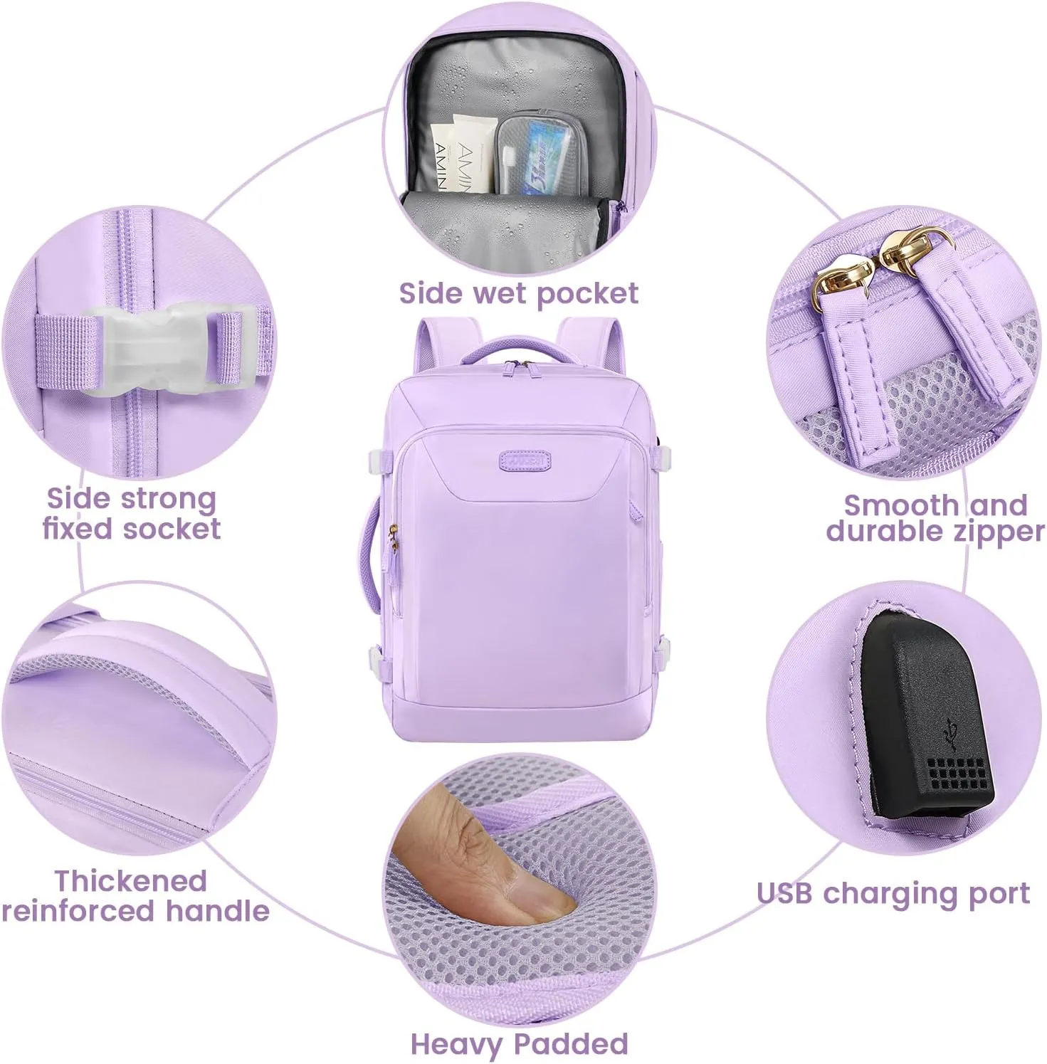 Carry on Backpack, 40L Flight Approved Large Travel Laptop Backpack with USB Charge Port, 17 Inch Water Resistant Luggage Computer Daypack College Weekender Overnight Bag for Men & Women, purple 