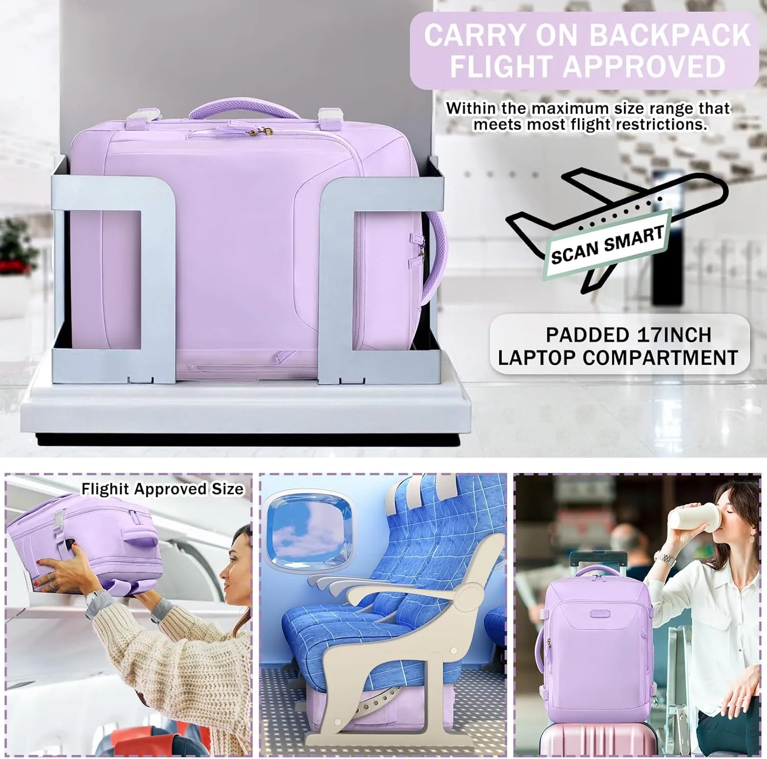 Carry on Backpack, 40L Flight Approved Large Travel Laptop Backpack with USB Charge Port, 17 Inch Water Resistant Luggage Computer Daypack College Weekender Overnight Bag for Men & Women, purple 