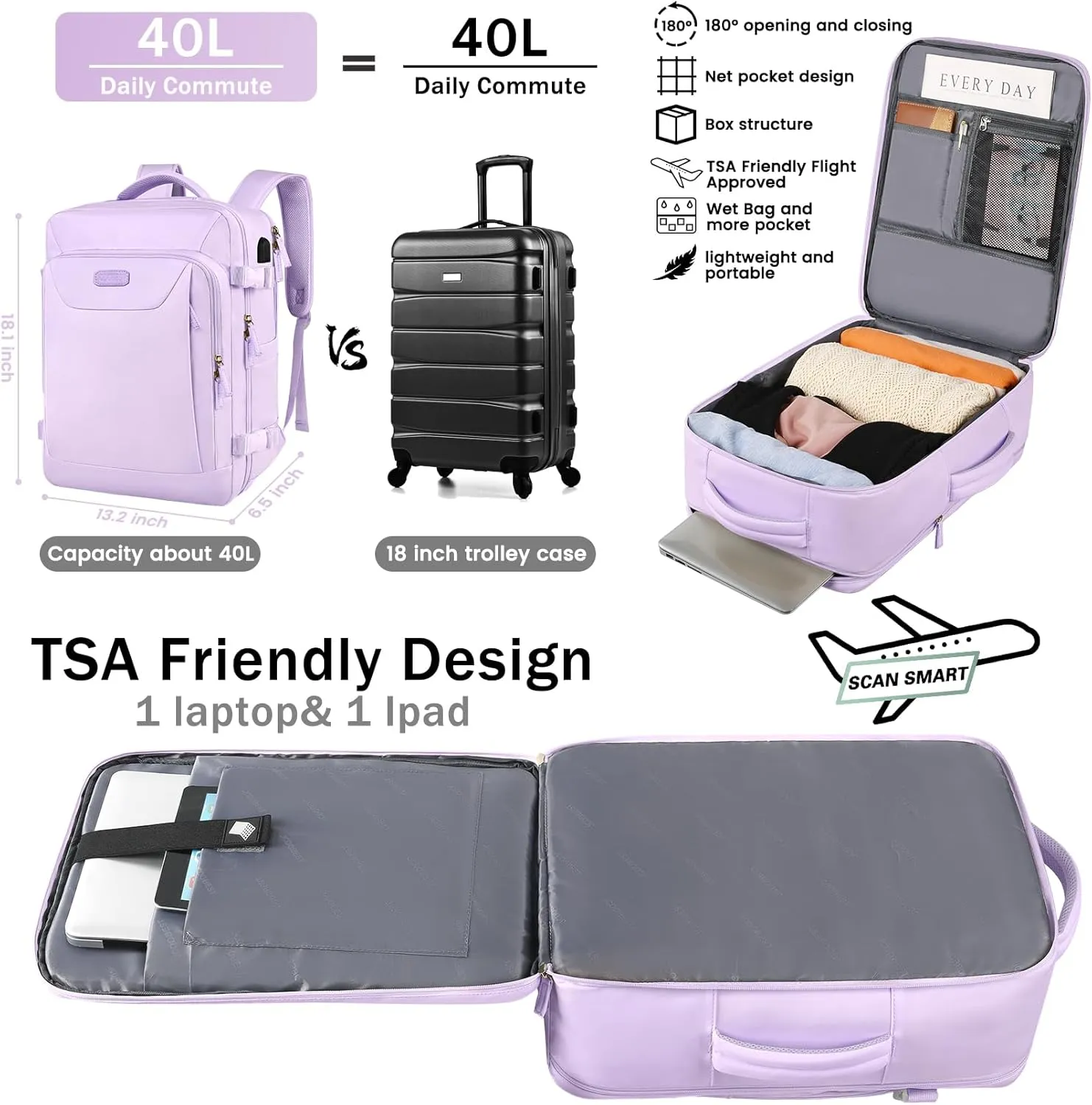 Carry on Backpack, 40L Flight Approved Large Travel Laptop Backpack with USB Charge Port, 17 Inch Water Resistant Luggage Computer Daypack College Weekender Overnight Bag for Men & Women, purple 