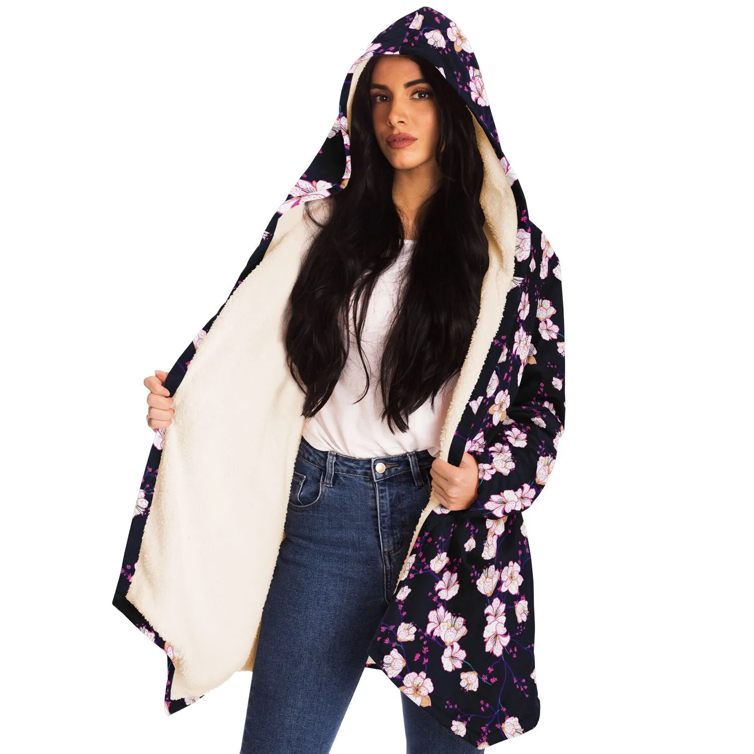 Cherry Blossom Cloak Microfleece Cloak - Black or White Lining