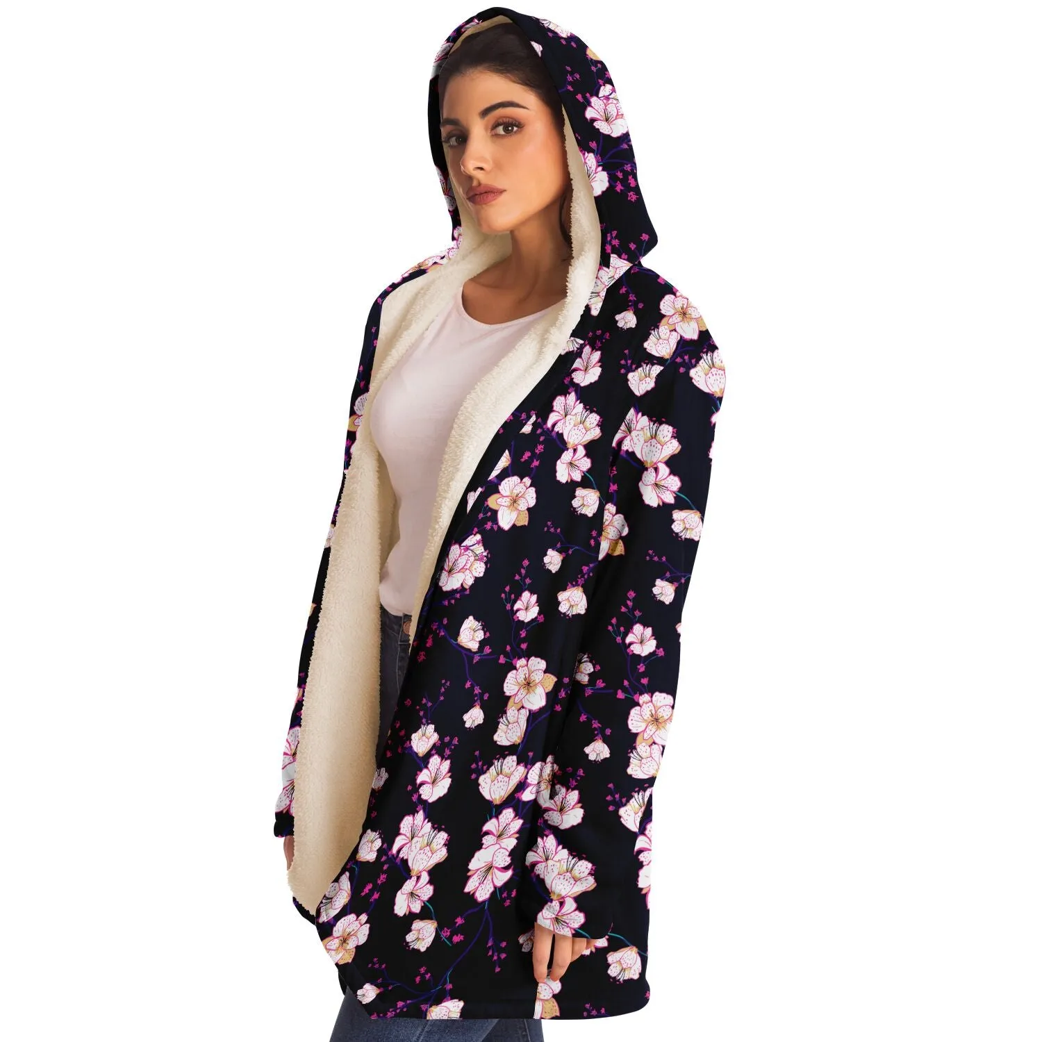 Cherry Blossom Cloak Microfleece Cloak - Black or White Lining
