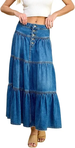 Fashion2Love Women's Juniors Denim Long Flare Bottom Tiered Maxi Skirt