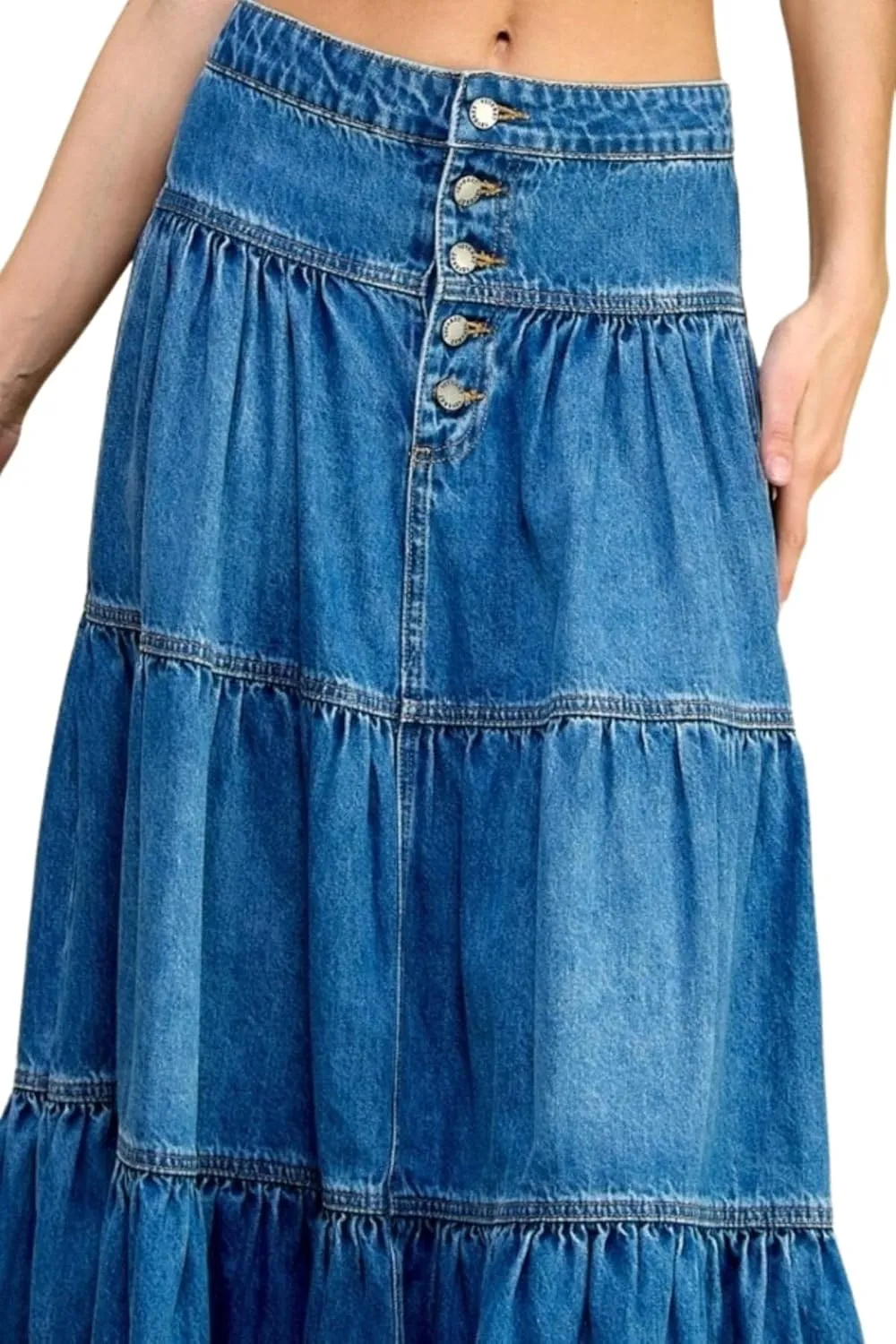 Fashion2Love Women's Juniors Denim Long Flare Bottom Tiered Maxi Skirt