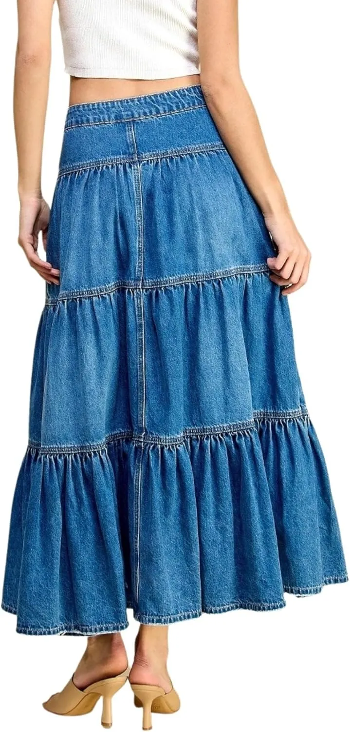 Fashion2Love Women's Juniors Denim Long Flare Bottom Tiered Maxi Skirt