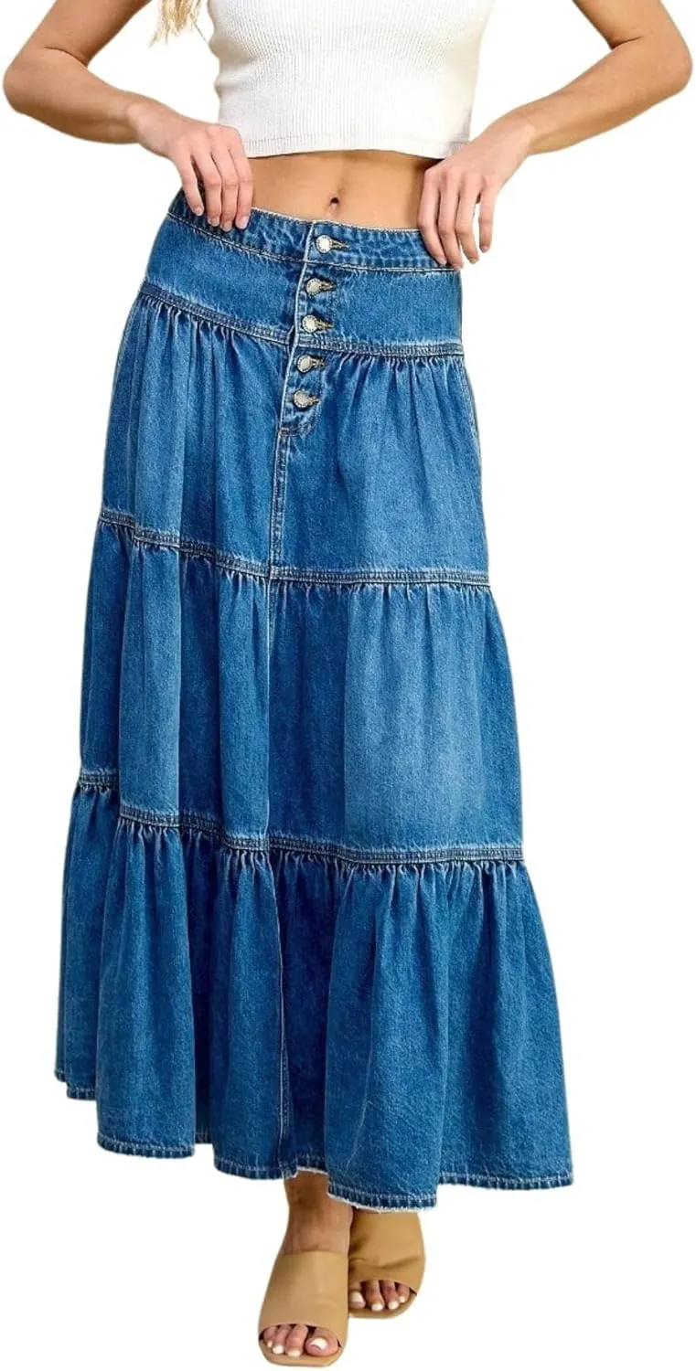 Fashion2Love Women's Juniors Denim Long Flare Bottom Tiered Maxi Skirt