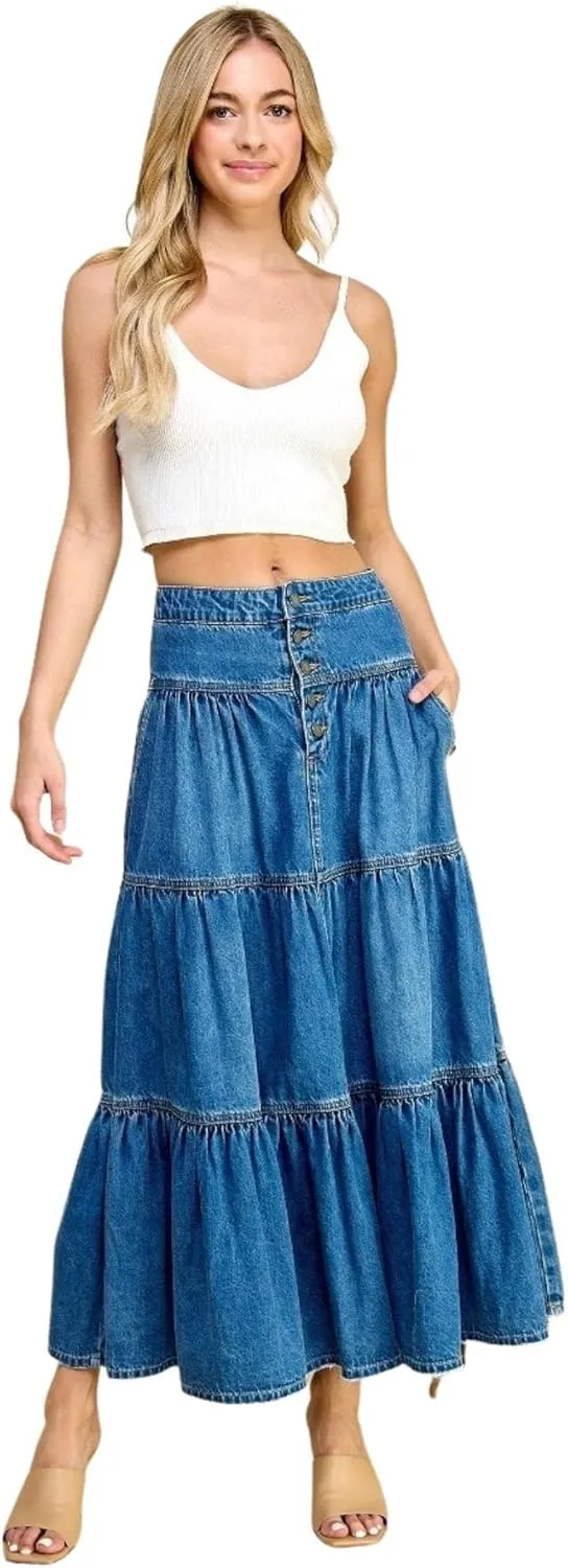 Fashion2Love Women's Juniors Denim Long Flare Bottom Tiered Maxi Skirt