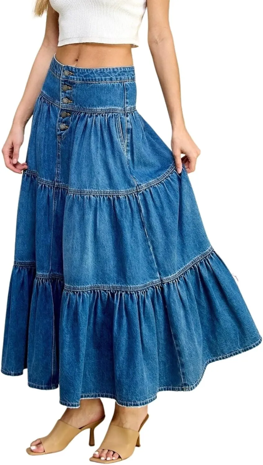 Fashion2Love Women's Juniors Denim Long Flare Bottom Tiered Maxi Skirt