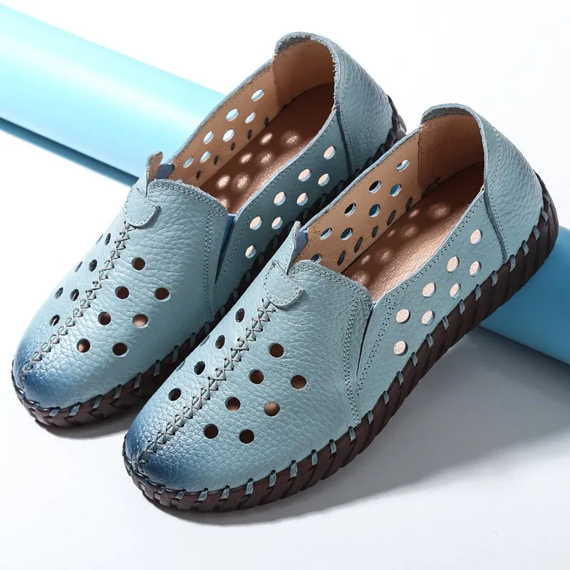 GKTINOO 2021 Summer Genuine Leather Vintage Loafers Shoes Women Lazy Slip-On Handmade Leather Breathable Hollow Soft Shoes Woman