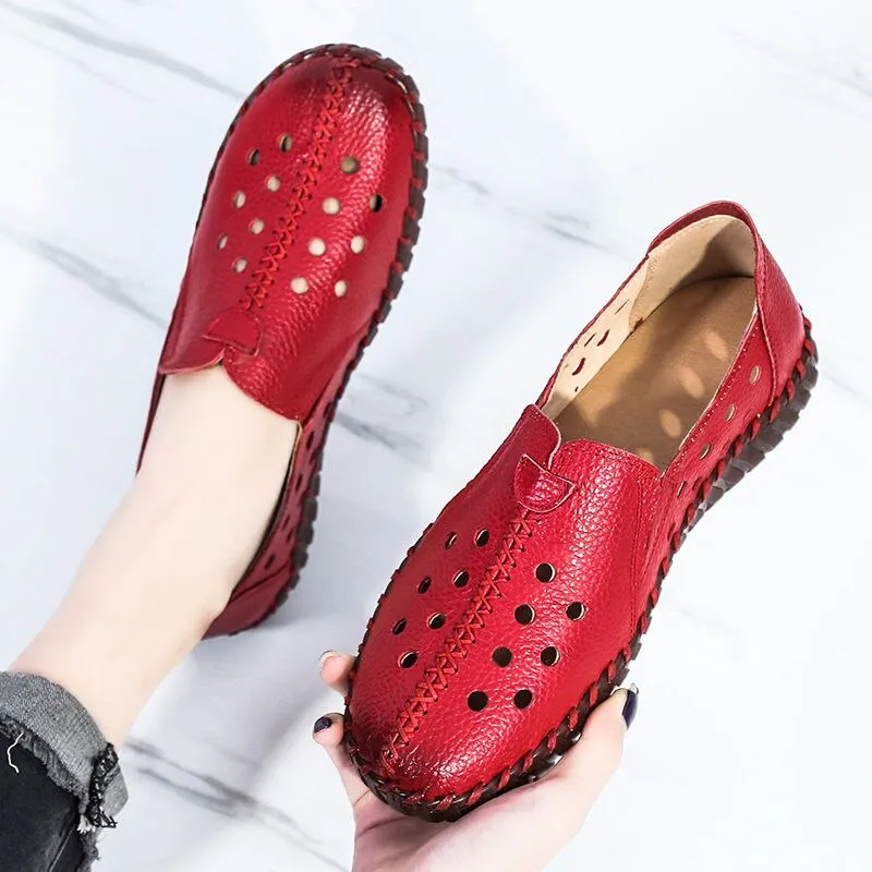 GKTINOO 2021 Summer Genuine Leather Vintage Loafers Shoes Women Lazy Slip-On Handmade Leather Breathable Hollow Soft Shoes Woman
