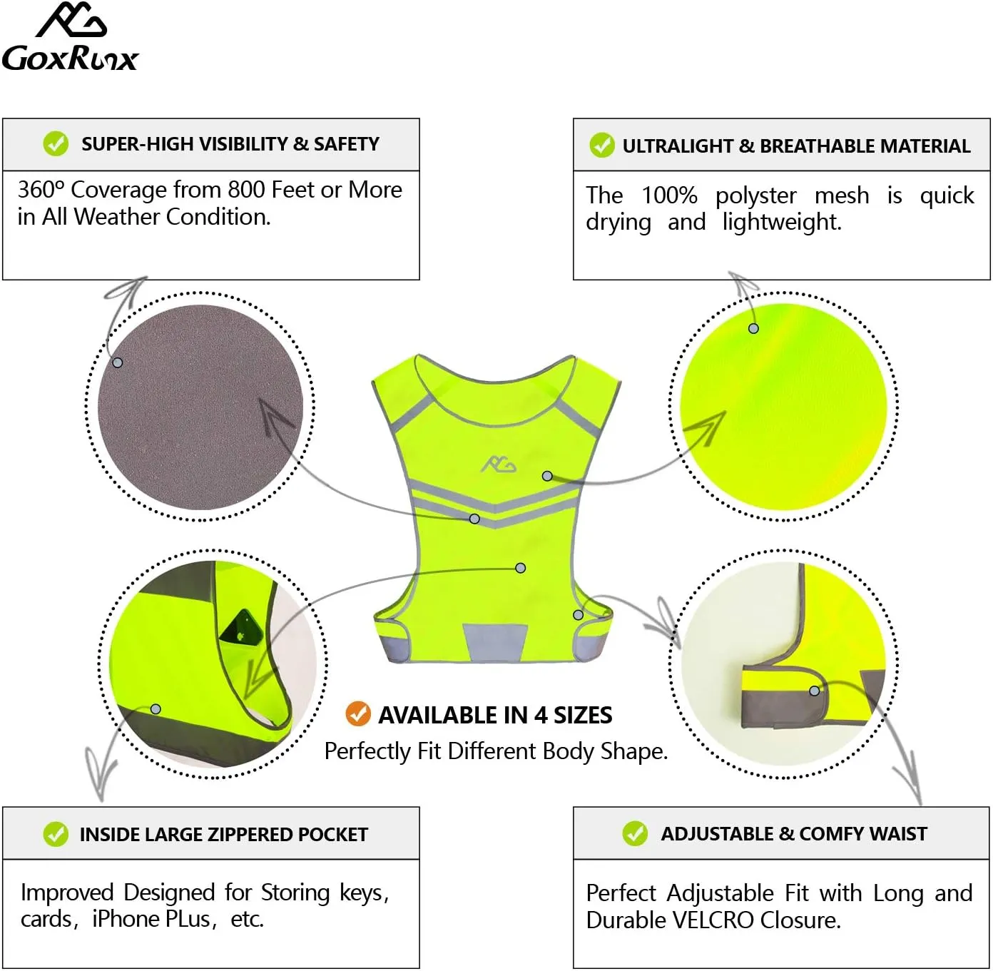 GoxRunx Reflective Running Vest Gear Cycling Motorcycle Reflective Vest,High Visibility Night Running Safety Vest