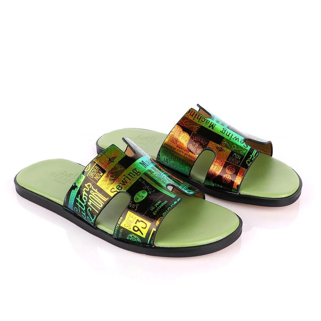 Hermes Paris Chameleon Green Design Leather Slippers