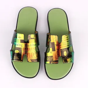 Hermes Paris Chameleon Green Design Leather Slippers