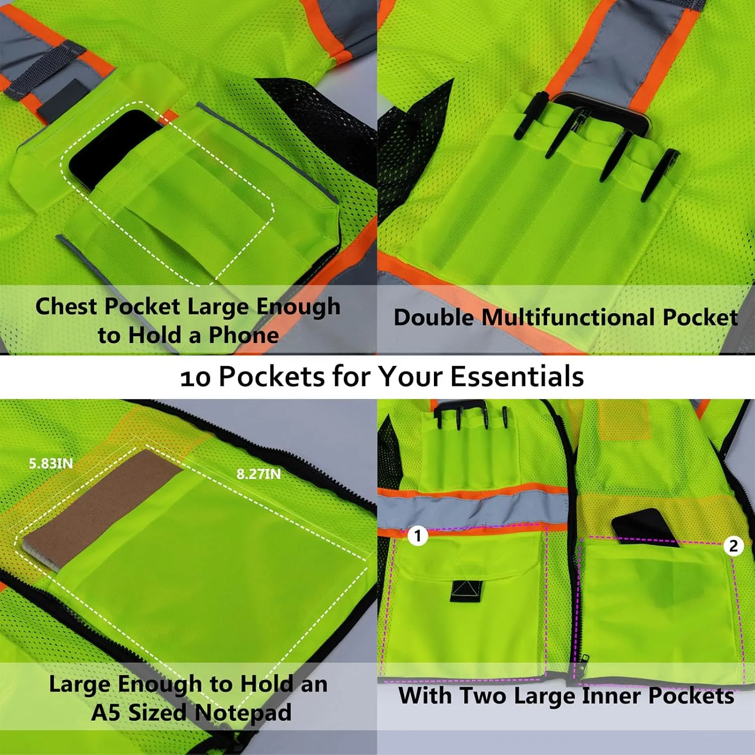 High Visibility Vest with Pockets Zipper for Men Women,Construction Vest with Reflective Strips,Hi Vis Class 3