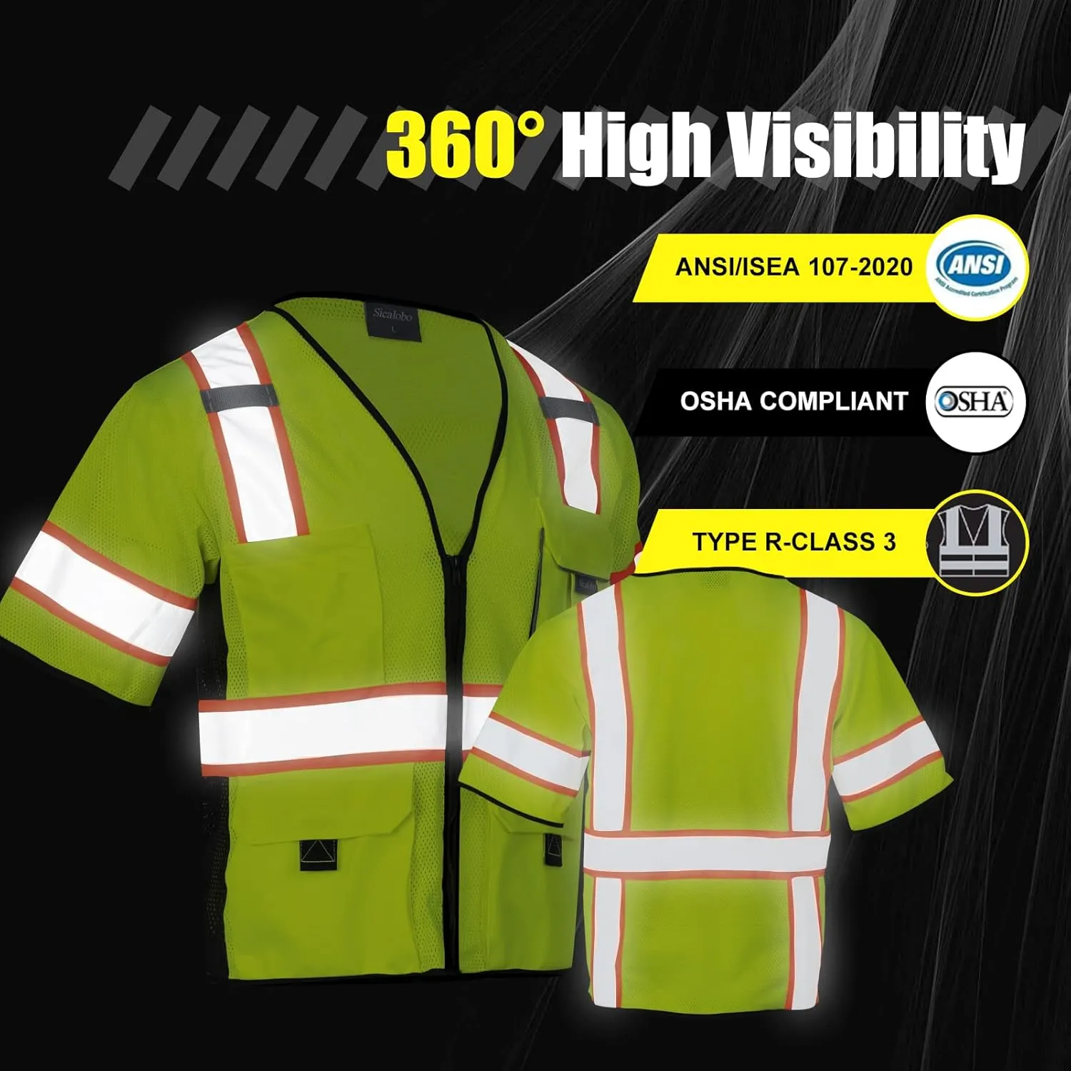 High Visibility Vest with Pockets Zipper for Men Women,Construction Vest with Reflective Strips,Hi Vis Class 3