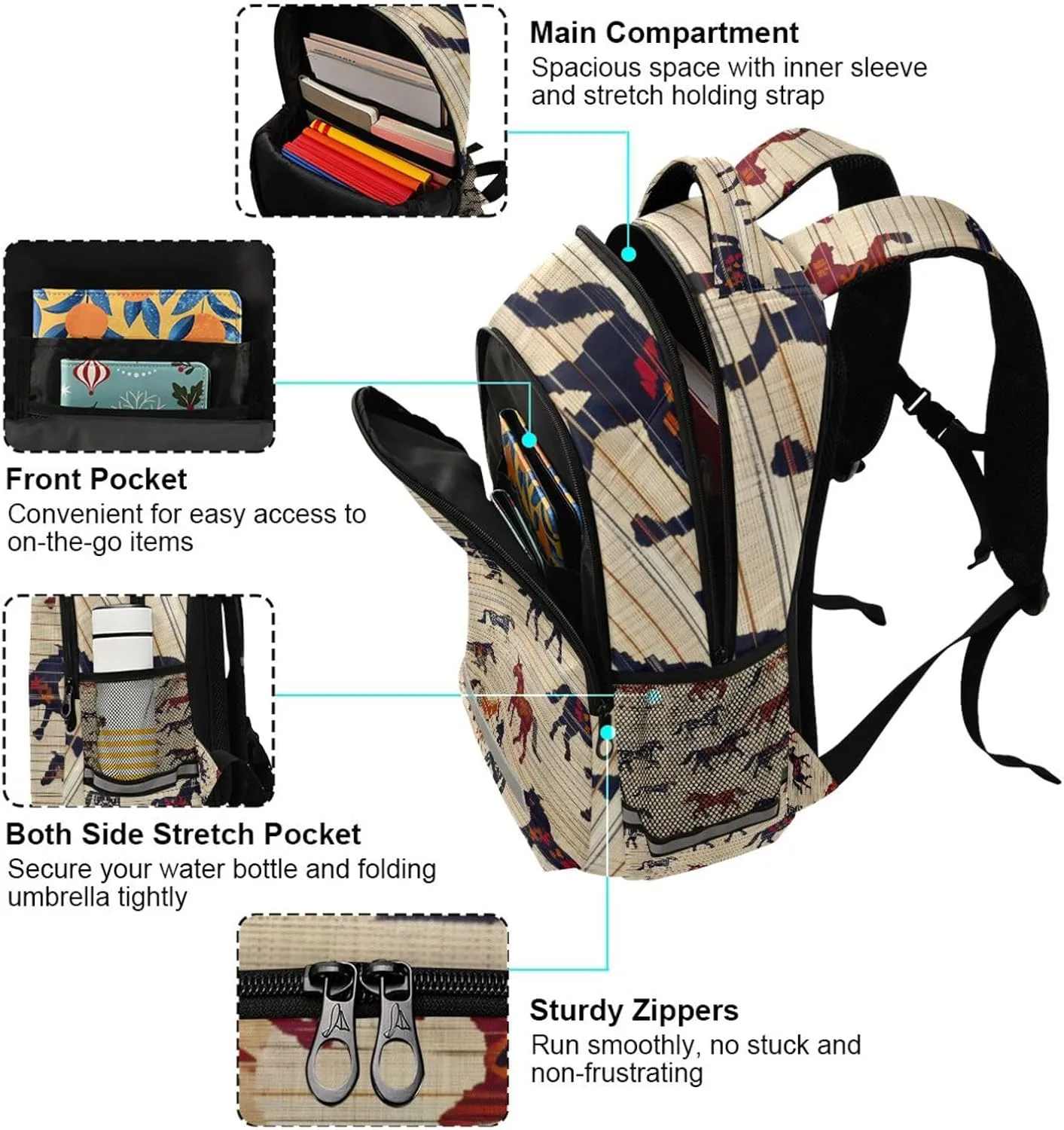 Horses School Backpack for Boys Girls Elementary School Bag Daypack,13L