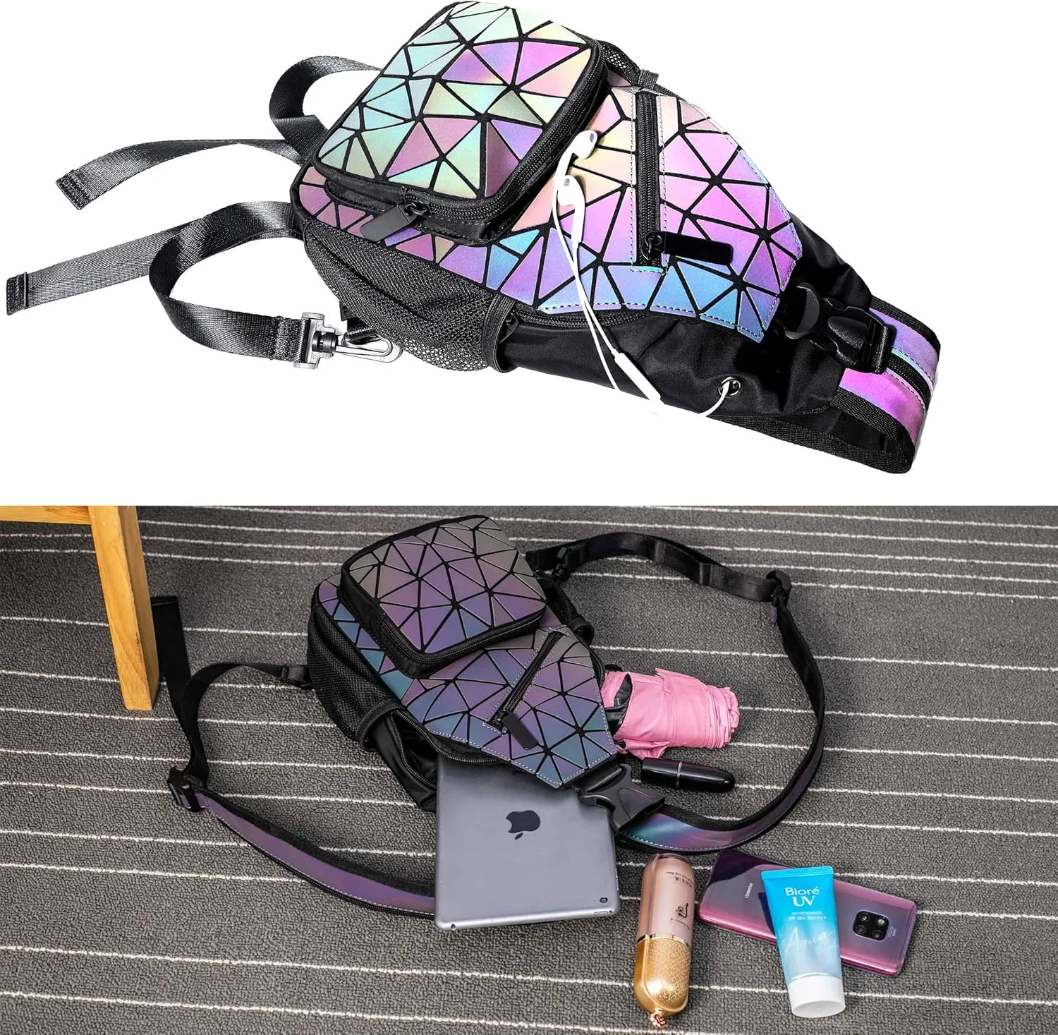 Luminous Geometric Backpacks Women Holographic Reflective Bags Handbags Holographic Reflective Bags Iridescent Backpack (BB19011-01)