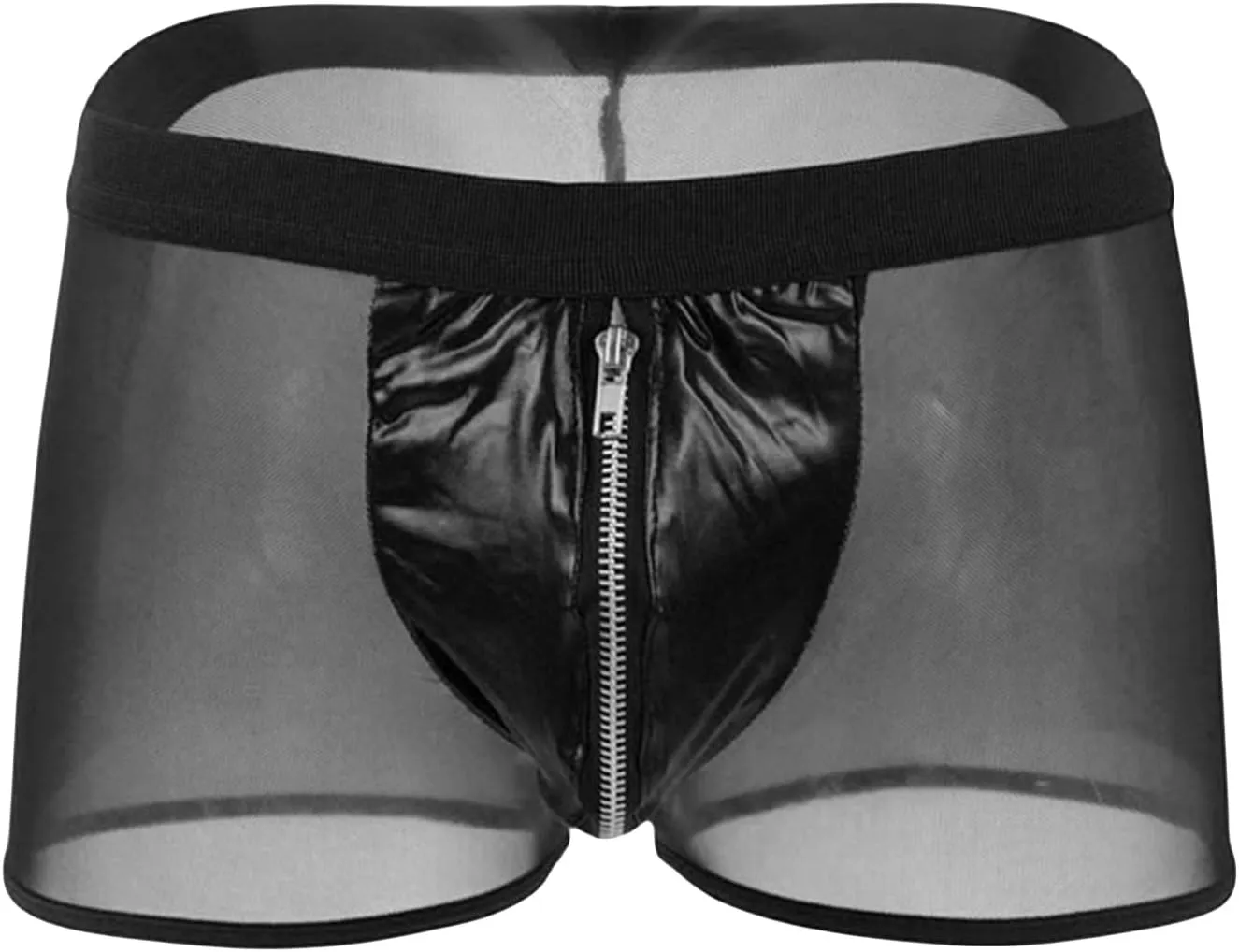 Men Mesh Zipper Transparent Boxer Brief Low Rise Patent Leather Underpants Sexy See Through Lingerie Thongs Clubwear