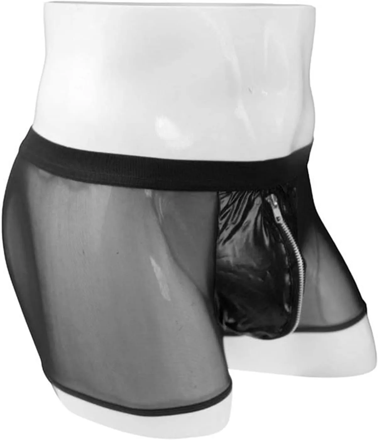 Men Mesh Zipper Transparent Boxer Brief Low Rise Patent Leather Underpants Sexy See Through Lingerie Thongs Clubwear