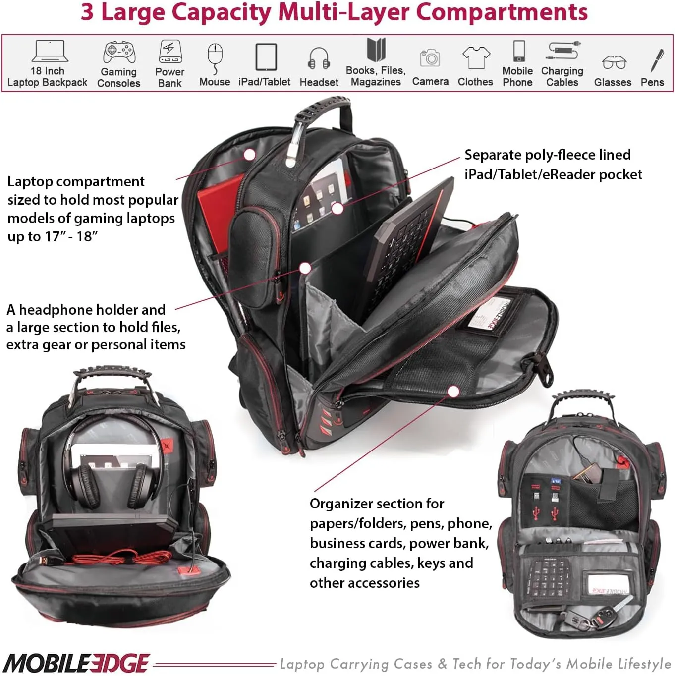 Mobile Edge CORE Gaming Laptop Backpack for 17-18 Inch Laptops with USB Charging Port and Cable, TSA-Friendly, MECGBPV1