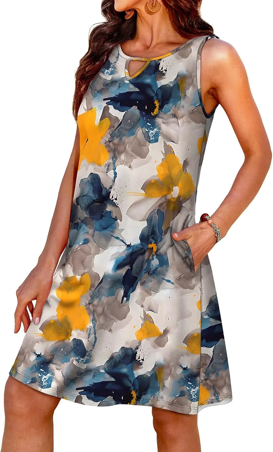 OFEEFAN Summer Dress with Pockets Beach Cover Ups Vacation Dresses Eyelet Boho Floral Print Sundresses
