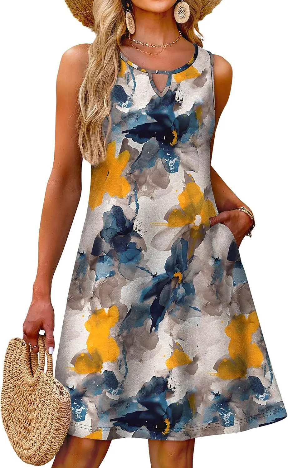 OFEEFAN Summer Dress with Pockets Beach Cover Ups Vacation Dresses Eyelet Boho Floral Print Sundresses