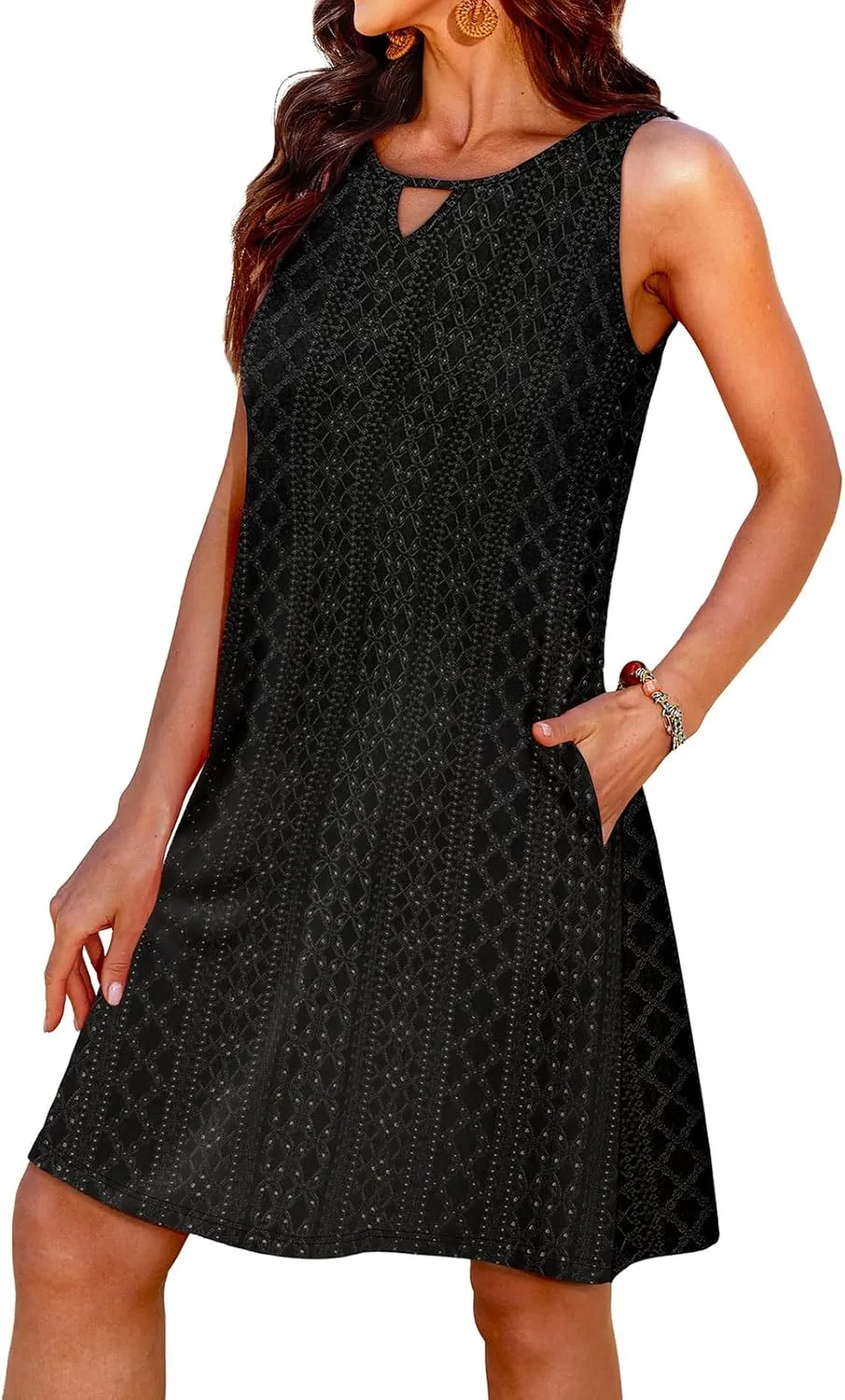 OFEEFAN Summer Dress with Pockets Beach Cover Ups Vacation Dresses Eyelet Boho Floral Print Sundresses