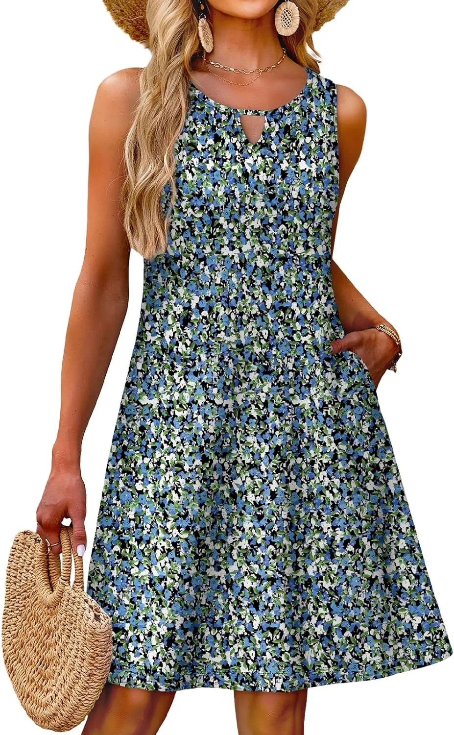 OFEEFAN Summer Dress with Pockets Beach Cover Ups Vacation Dresses Eyelet Boho Floral Print Sundresses