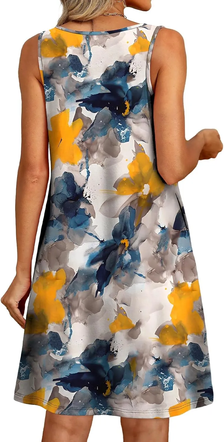 OFEEFAN Summer Dress with Pockets Beach Cover Ups Vacation Dresses Eyelet Boho Floral Print Sundresses