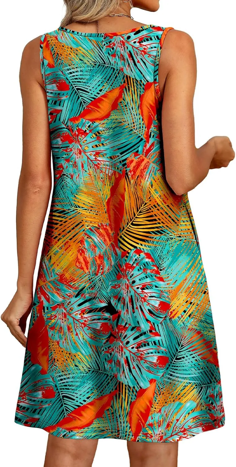OFEEFAN Summer Dress with Pockets Beach Cover Ups Vacation Dresses Eyelet Boho Floral Print Sundresses