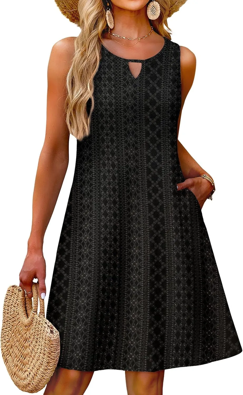 OFEEFAN Summer Dress with Pockets Beach Cover Ups Vacation Dresses Eyelet Boho Floral Print Sundresses