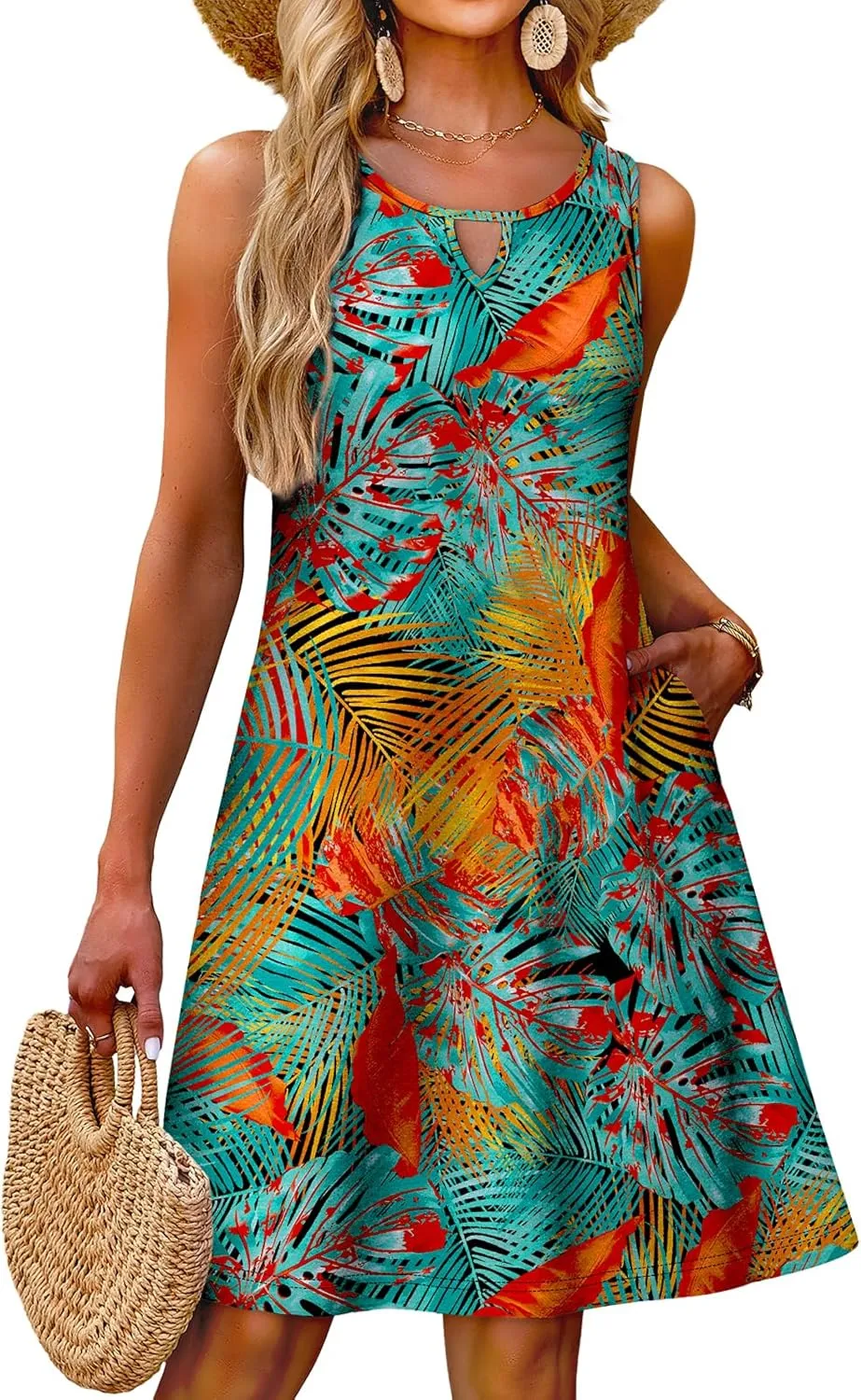 OFEEFAN Summer Dress with Pockets Beach Cover Ups Vacation Dresses Eyelet Boho Floral Print Sundresses