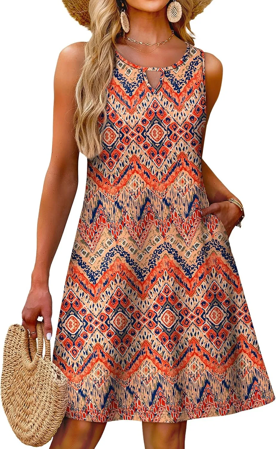 OFEEFAN Summer Dress with Pockets Beach Cover Ups Vacation Dresses Eyelet Boho Floral Print Sundresses