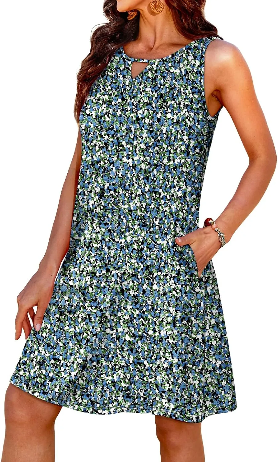 OFEEFAN Summer Dress with Pockets Beach Cover Ups Vacation Dresses Eyelet Boho Floral Print Sundresses