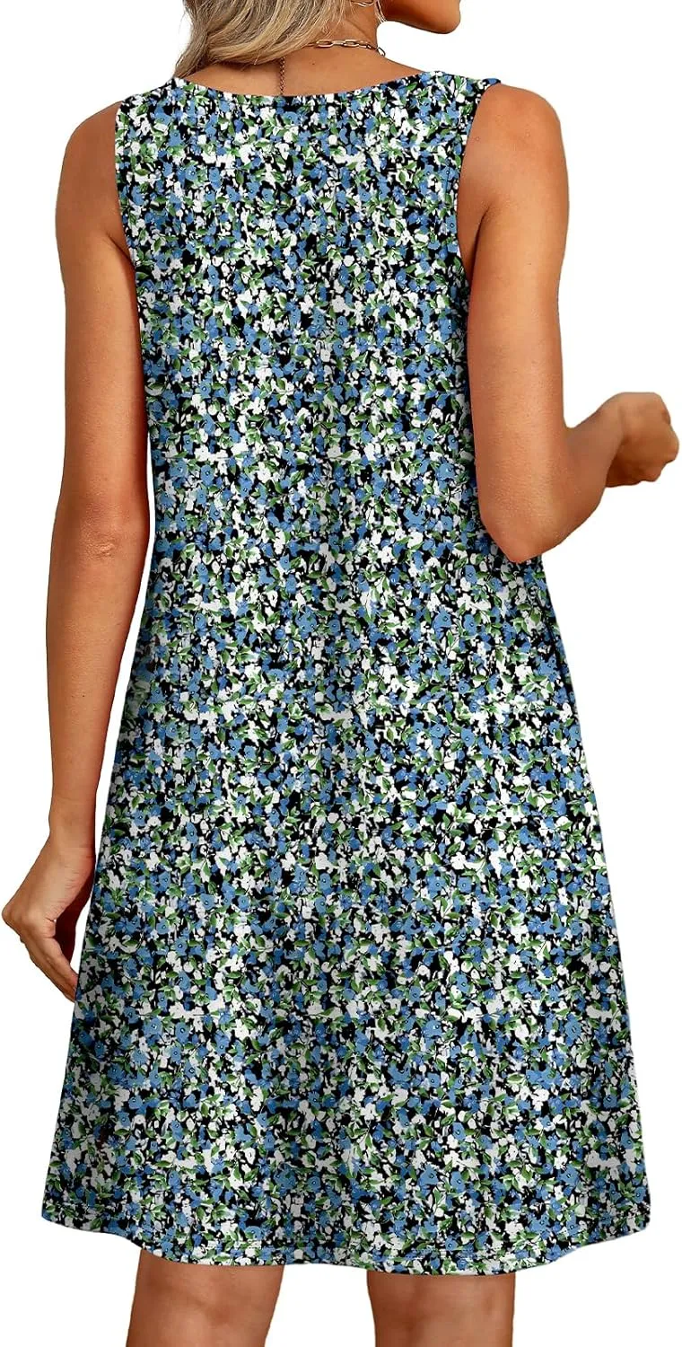 OFEEFAN Summer Dress with Pockets Beach Cover Ups Vacation Dresses Eyelet Boho Floral Print Sundresses