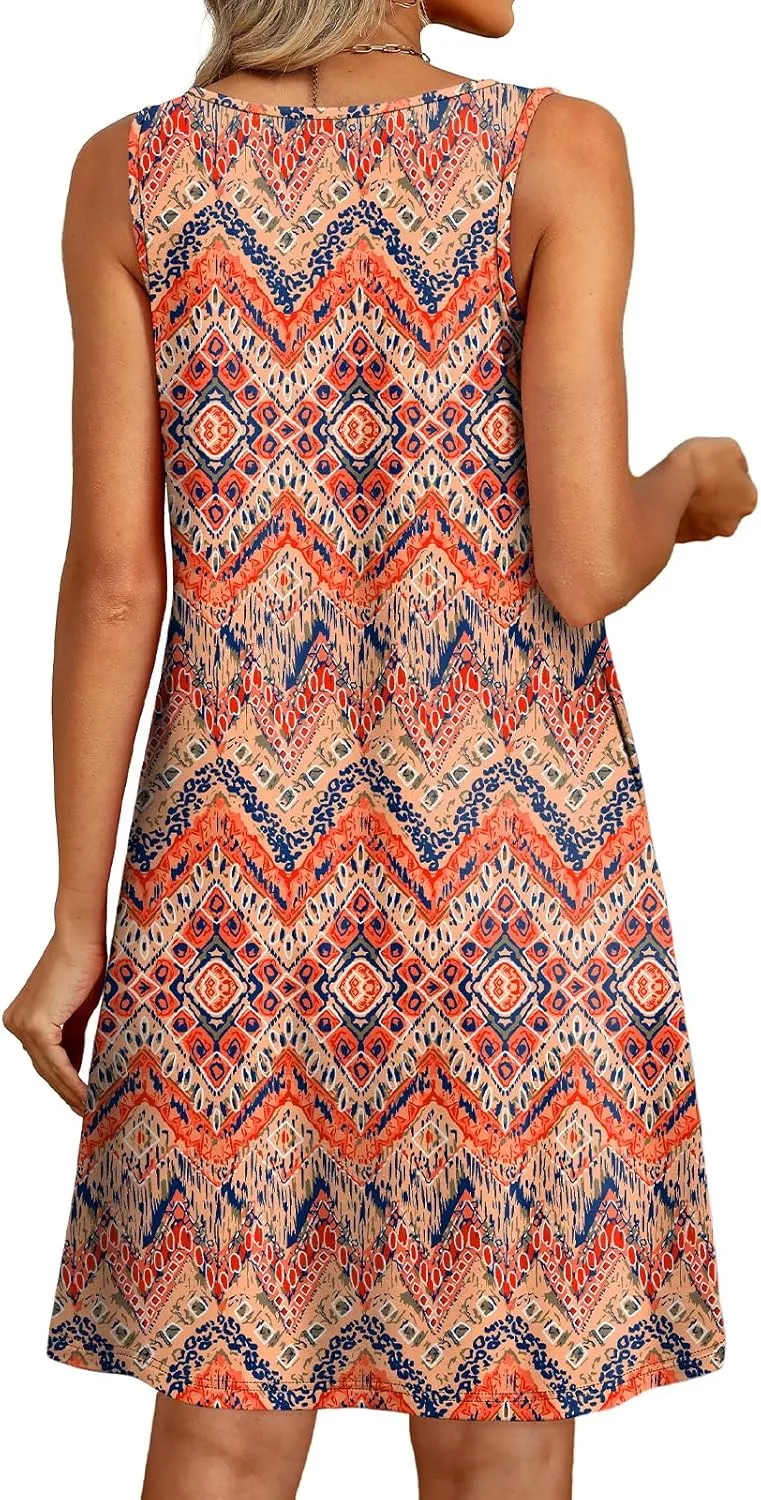 OFEEFAN Summer Dress with Pockets Beach Cover Ups Vacation Dresses Eyelet Boho Floral Print Sundresses