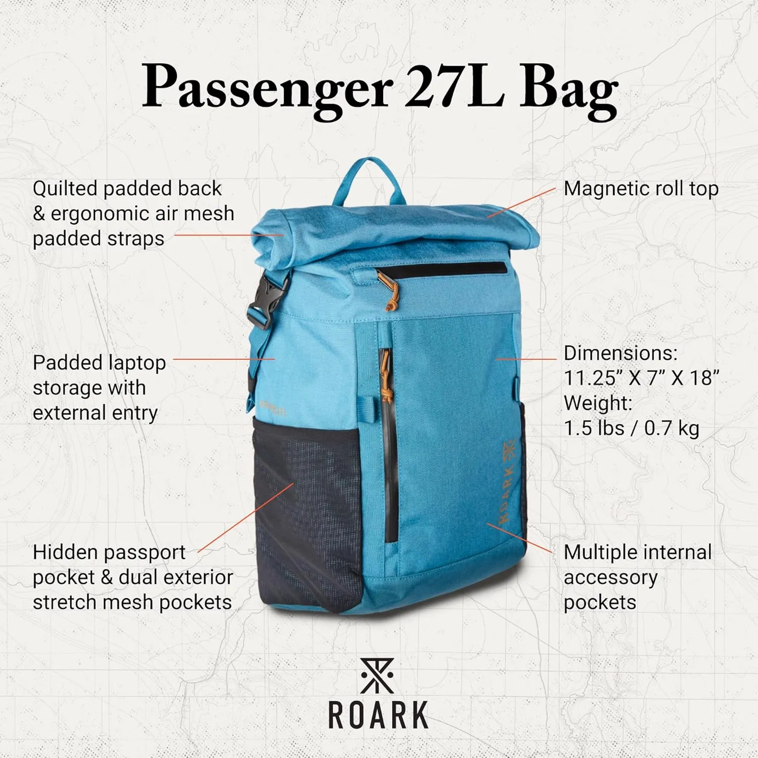 Roark Passenger 27L 2.0 Backpack, Travel Day Pack with Laptop Storage, Slate
