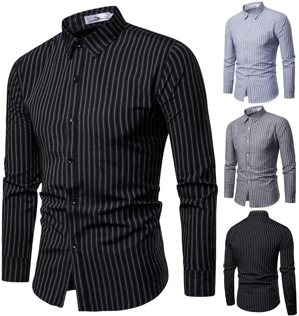 Slim Fit Dress Shirts for Men Striped Long Sleeve Button Down Shirt Big and Tall Casual Business Work Formal Tops