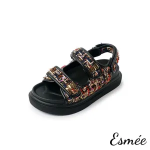 Textured Tweed / Leather Sandals with Thickened Outsole