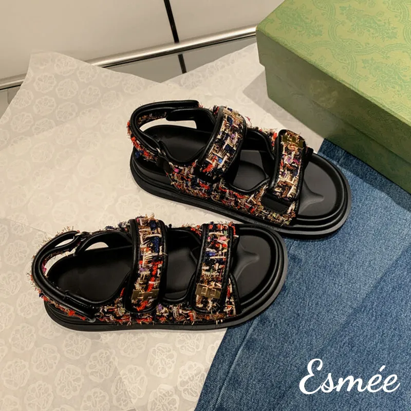 Textured Tweed / Leather Sandals with Thickened Outsole