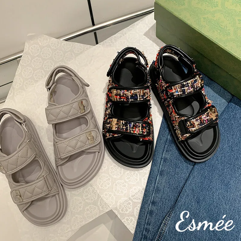 Textured Tweed / Leather Sandals with Thickened Outsole