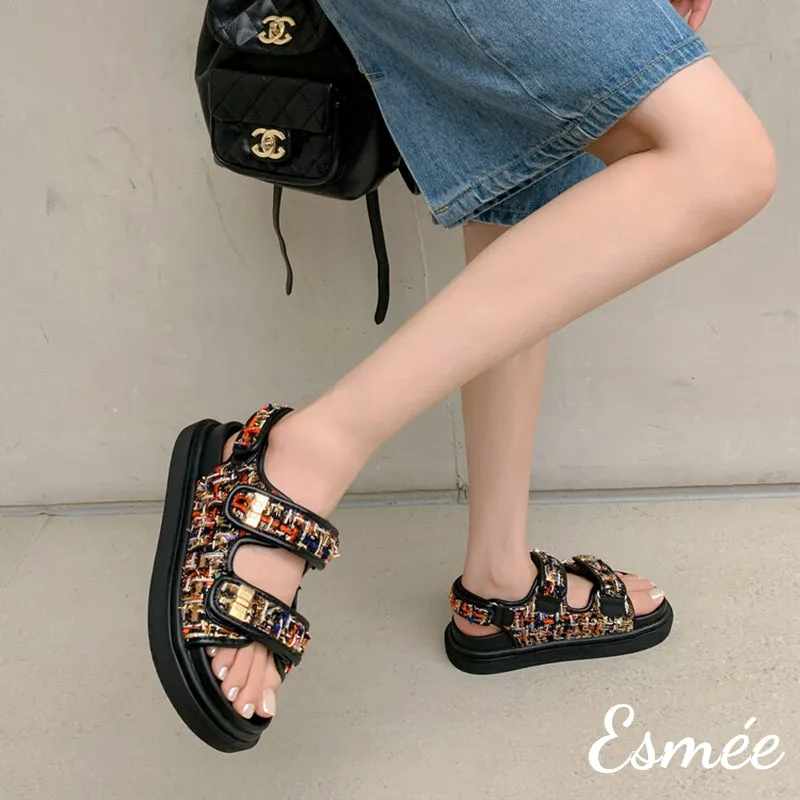Textured Tweed / Leather Sandals with Thickened Outsole