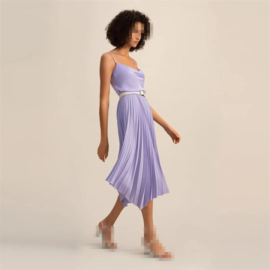 Women Spring Casual Silk Elastic Waist Bottom Pleated Midi Skirt