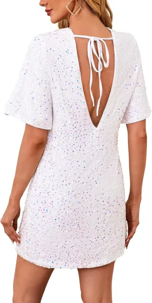 Women's Sequin Mini Club Party Dress Short Sleeve Crewneck Tie Backless Velvet Dresses